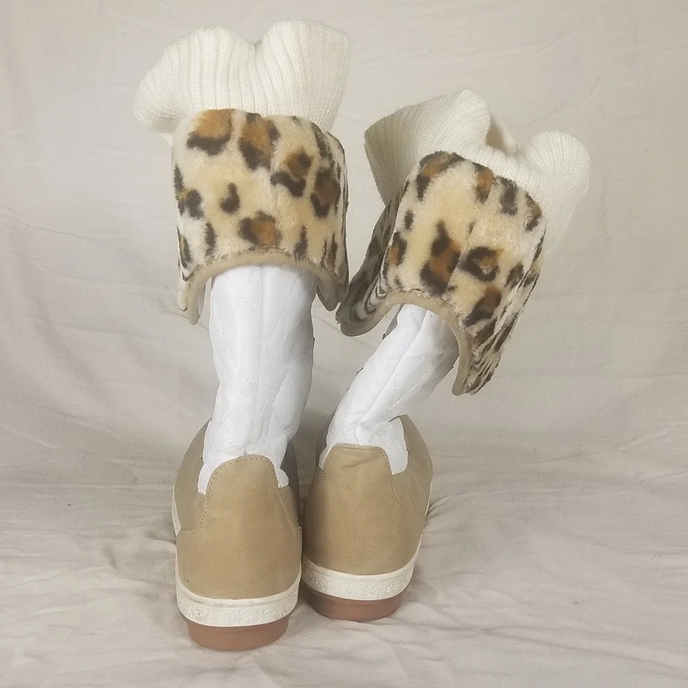 Venett Winter Duck Boots Womens 9 White Tan NWOT Quilted Leopard Faux Fur